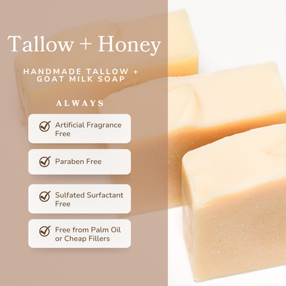 Pure Tallow + Honey Fragrance Free Handmade Tallow and Goat Milk Soap Bar